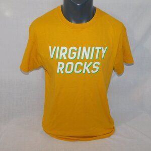 Danny Duncan Yellow White VIRGINITY ROCKS spelllout  T Shirt MENS L